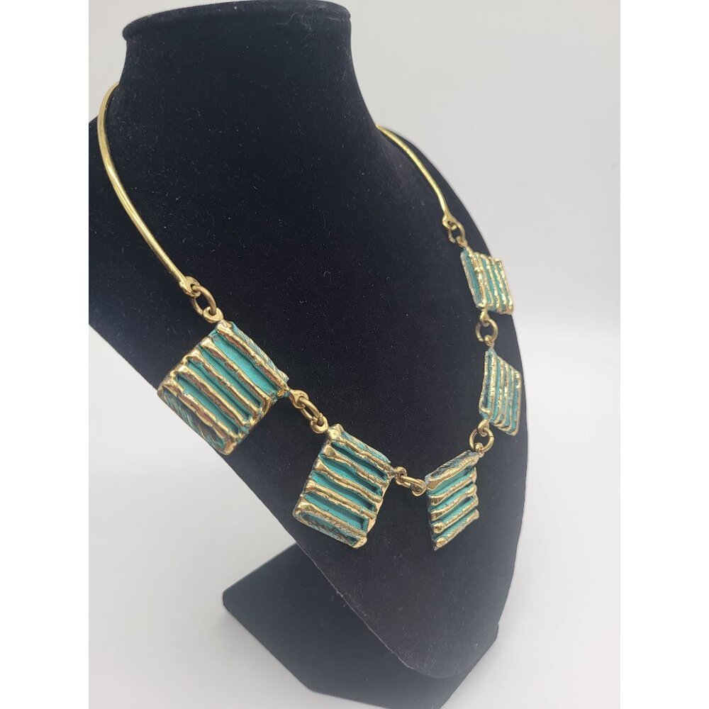 Unique Art Deco Collar Statement Necklace Gold Tone Turquoise Painted Panels VTG - Picture 2 of 10